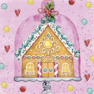 Servietten mit rosa Hintergrund und einem gemalten Lebkuchenhaus