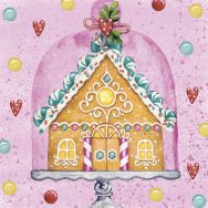 Servietten mit rosa Hintergrund und einem gemalten Lebkuchenhaus