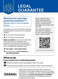 EU warranty label: statutory liability for defects of at least 2 years.